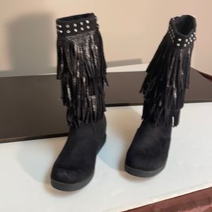 Justice like new calf length black suede  boots